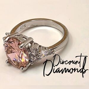 Pink Oval Cut Sapphire & White Baguette  Diamond Coctail Ring on 925 Silver
